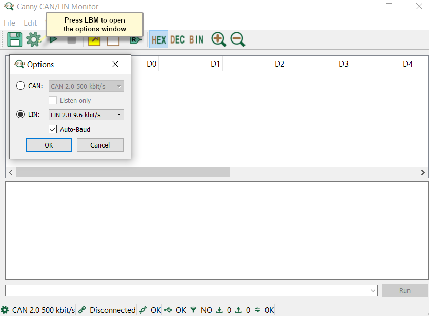LIN transfer rate selection dialog