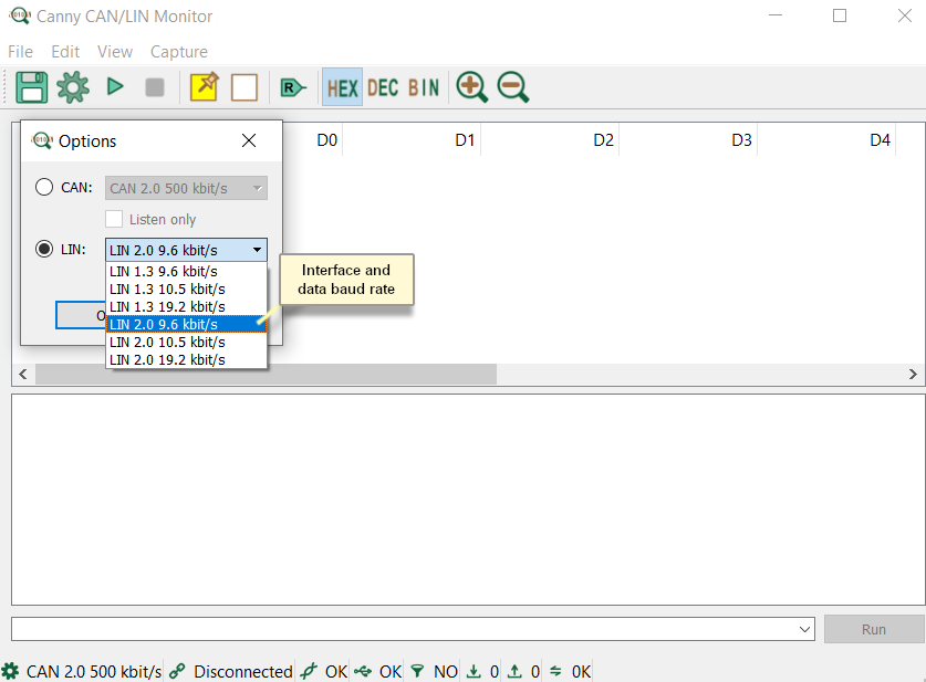 LIN transfer rate drop-down menu