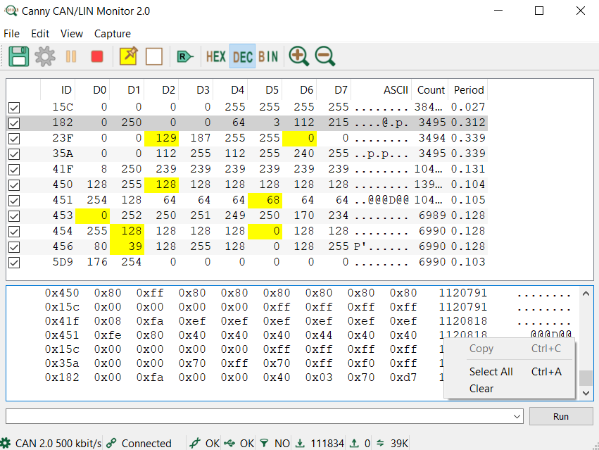 Log context menu