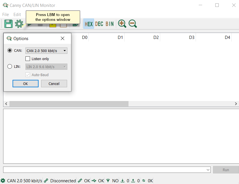 CAN Transfer rate selection dialog