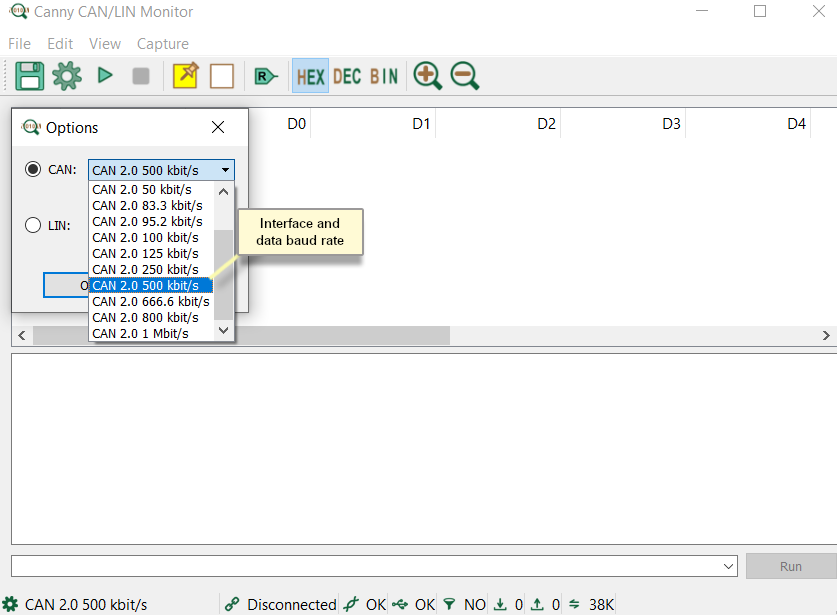 CANTransfer rate drop-down menu