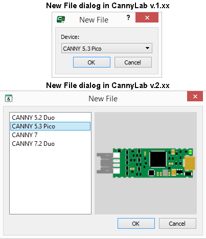 Previous (top) and new (bottom) designs of the New File dialog box.