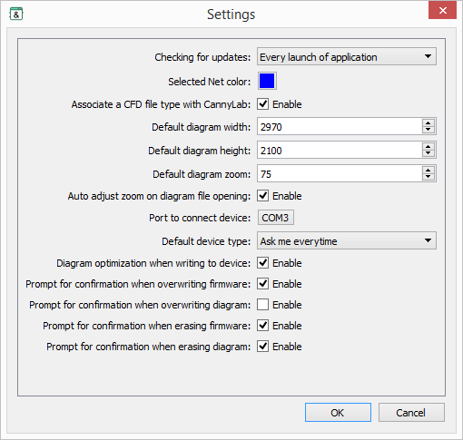 Settings dialog after setting the default user selection when overwriting the function diagram.