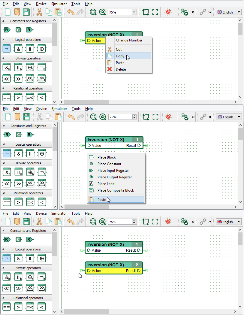 Paste the copied block next to the mouse cursor (pointer).