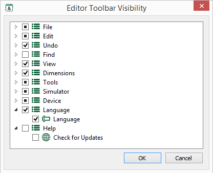 Appearance of the "Editor Toolbar Visibility" window.
