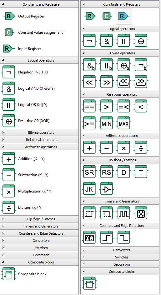 Function block in list and icon mode.