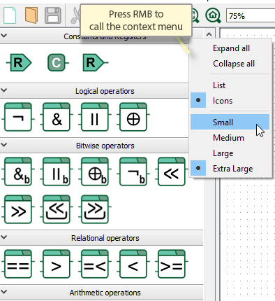 Function block context menu showing available display options.