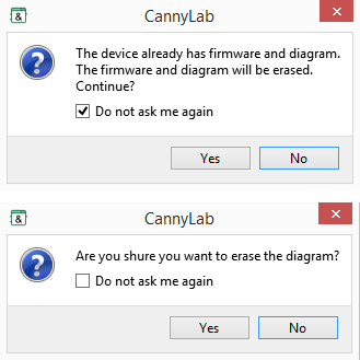 Firmware and function diagram action dialogs.