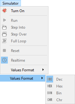 Simulator menu and sub-menu options.
