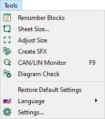 Tools menu options.