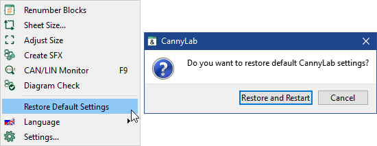 Restore default settings dialog