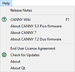 Help menu options