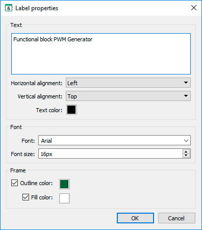 The settings window for the "Text" element is opened by double-clicking the left mouse button on the text or frame.